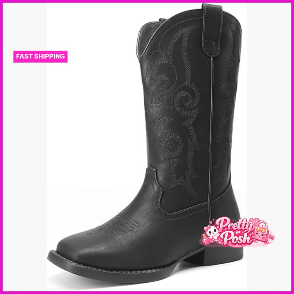 Faux Leather Cowboy Boots Square Toe Mid Calf Western Boots